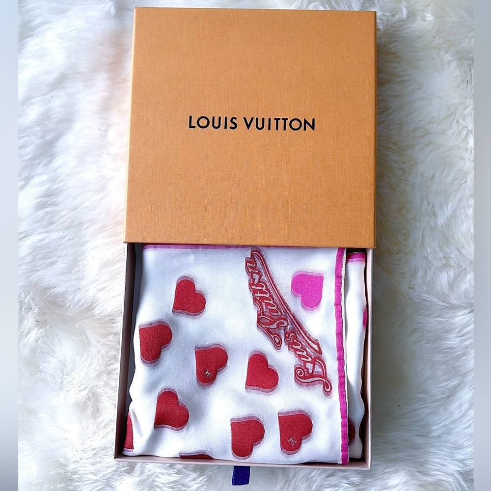 Authentic Louis Vuitton pink/red heart’s scarf 11” by 55”